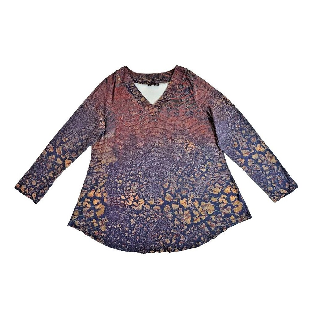 Azalea Firmiana-4XL-Purple Gold Abstract Tunic Top V-Neck Stretch Long Sleeve